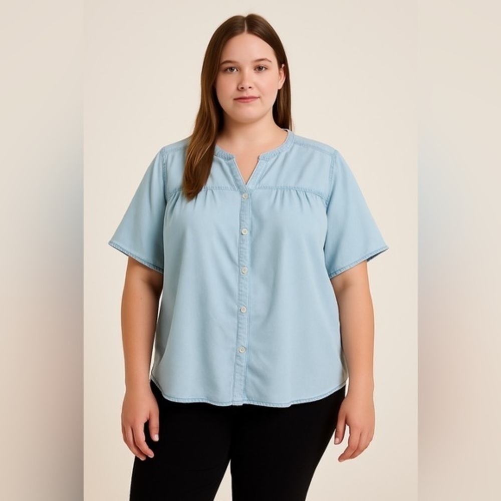 Chico's Women's Blue Chambray Lyocell Short Sl Button Front Top EUC 3/XL #1476